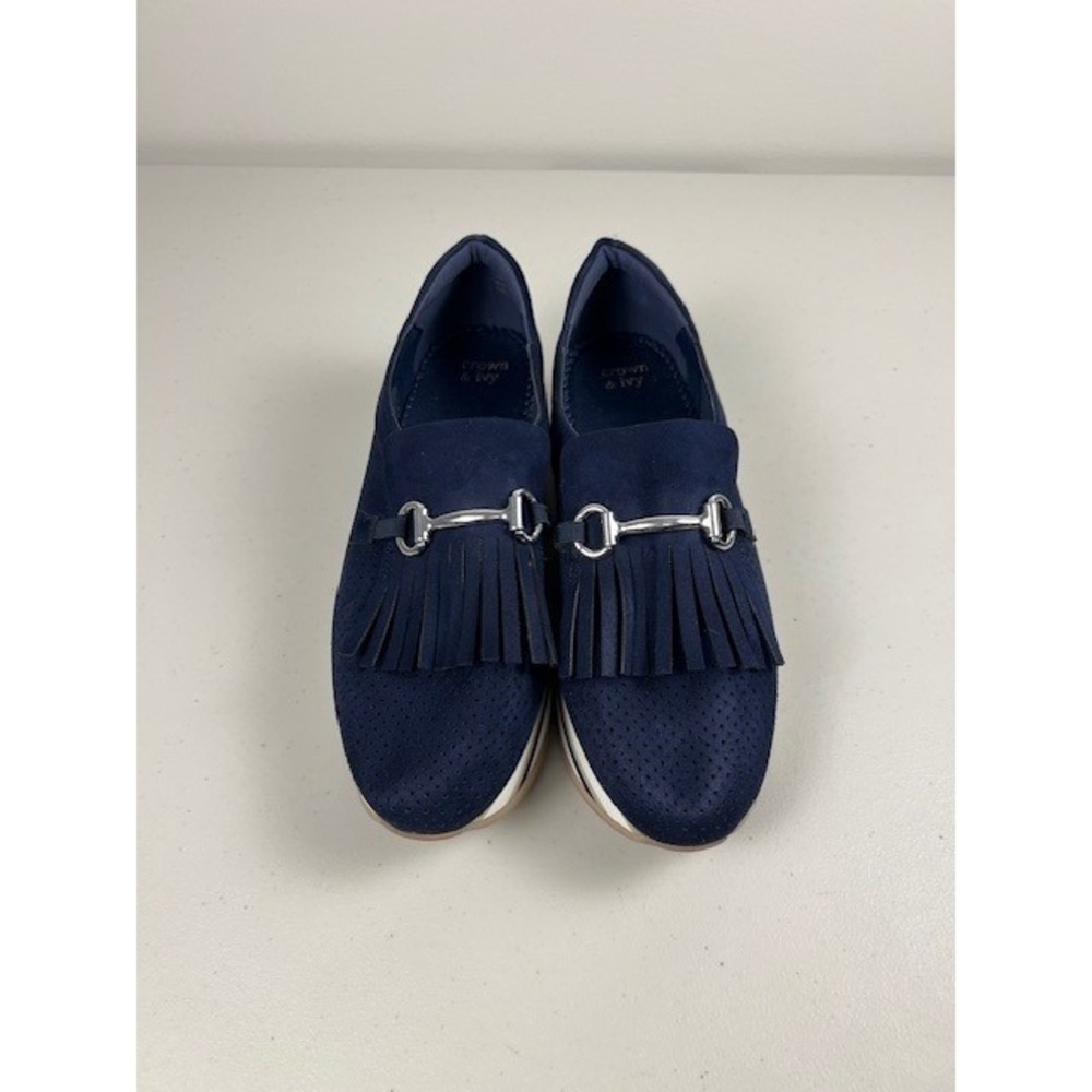 Crown & Ivy Navy Blue Platform Bosco Sneakers Loafers Tassel Striped Sole Sz 8.5 - Picture 4 of 12